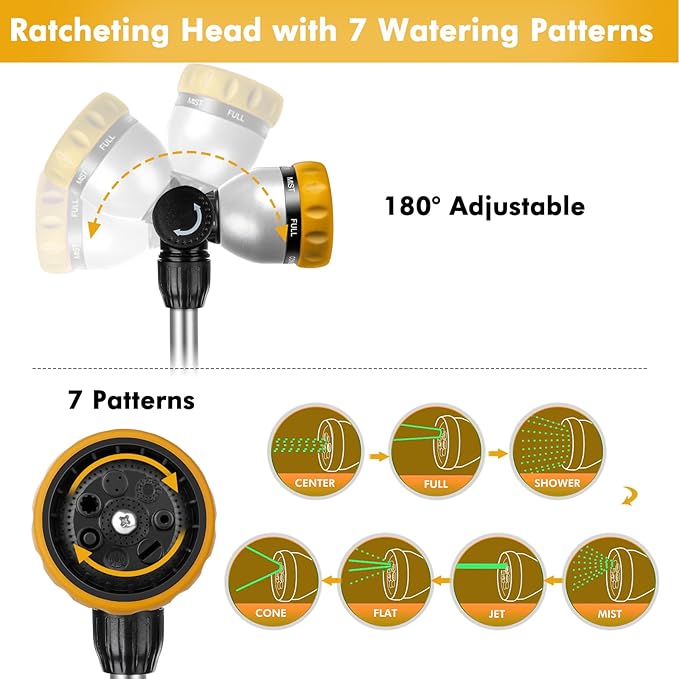 RESTMO Metal Watering Wand, 36”-60” Long Telescopic Tube | 180° Adjustable Ratcheting Head | 7 Spray Patterns | Flow Control, Perfect Garden Hose Sprayer to Water Hanging Baskets, Shrubs, Yellow