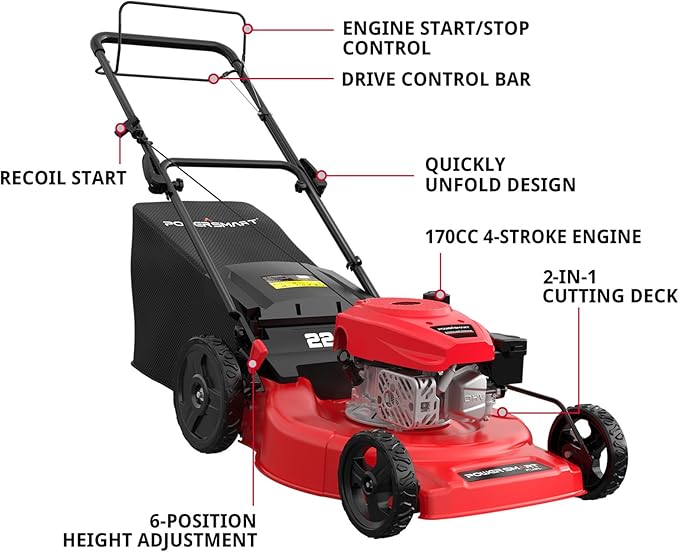 PowerSmart Self Propelled Gas Lawn Mower, 22 in. with 170cc OHV Engine, 2-in-1 Rear-Wheel Drive High Wheels, Red