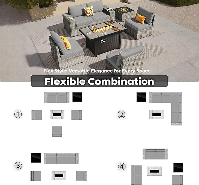 ovios 7 Pieces Patio Furniture Set, Outdoor Wicker Sectional Sofa with 42 Inch Fire Pit Table Comfy Cushions, Modern Modular Deep Seat Rattan Couch Conversation Set, Dark Grey