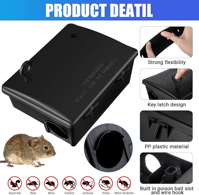 Qualirey Rat Bait Stations Large Rodent with Key Reusable Mouse Stations Mice Blocks Heavy Duty Boxes for Outdoor Rodents Mice Blocks, Bait Not Included(Black,4 Pack)