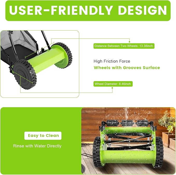 12In Manual Lawn Mower with 6-Gal Grass Catcher 5 Manganese Steel Blades Adjustable Height Rust-Proof Push Reel Lawn Mower for Gardens, Yards, Parks