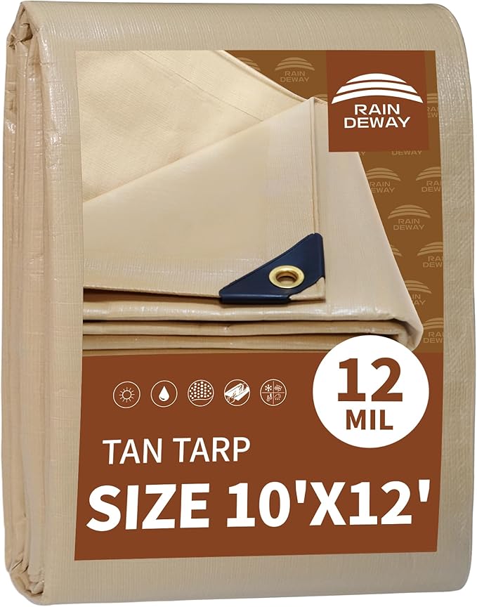 RAINDEWAY 10x12 Feet Heavy Duty Tarp,12 Mil Tan Waterproof Poly Tarp Cover,UV Resistant,Weatherproof,Durable,Multipurpose Tarps with Grommets and Reinforced Edges