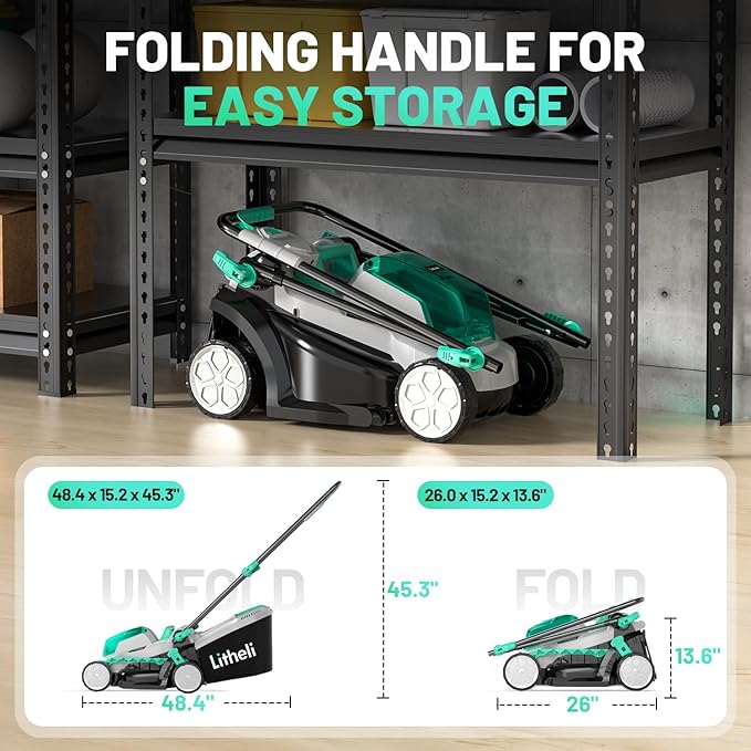 Litheli 13.1inch Electric Lawn Mower Cordless,Grass Cutter Machine for 1600 Sq.Ft.Lawnmower with Brushless Motor, 8 Gallon Capacity, Cutting Height from 1 to 2.5 in, Includes 1X4.0 Ah Battery