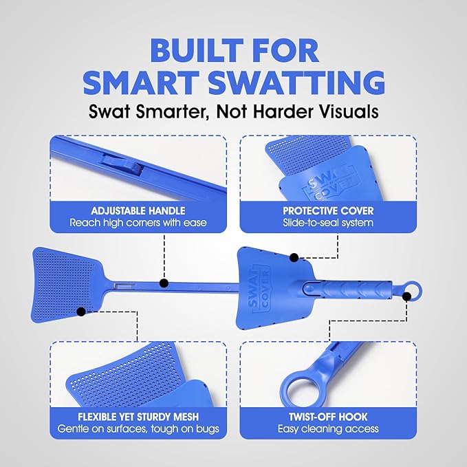 Improved Fly and Bug Swatter w/Integrated Cover, Flexible Bug Smasher for Flies and Bugs Swatting, Surface-Friendly Design, Adjustable Racket Handle - Fly Swatter for Indoors (Pack of 2)