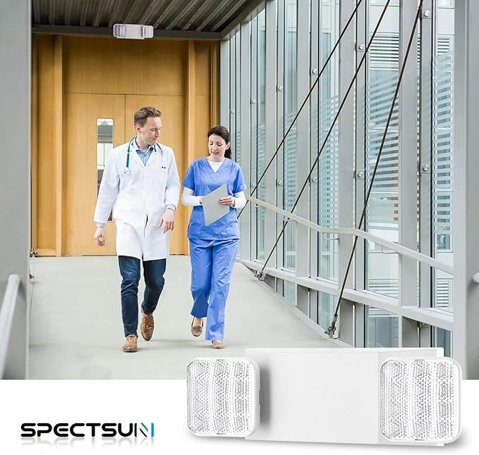 SPECTSUN 12 Pack LED Emergency Lighting Fixture with 2 LED Heads and Hardwired Adjustable White Color Commercial Emergency Lights with Battery Backup for Power Failure