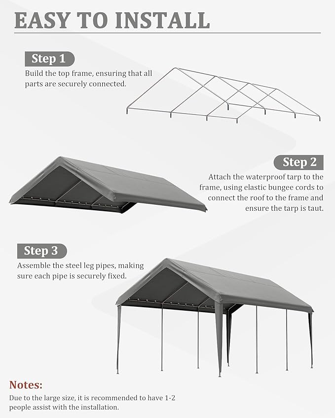 Carport Canopy Replacement Cover 12x20 Heavy Duty Outdoor Portable Car Canopy Oxford Waterproof UV & Tear Resistant Garage Canopy with Ball Bungees (Frame is Not Included)