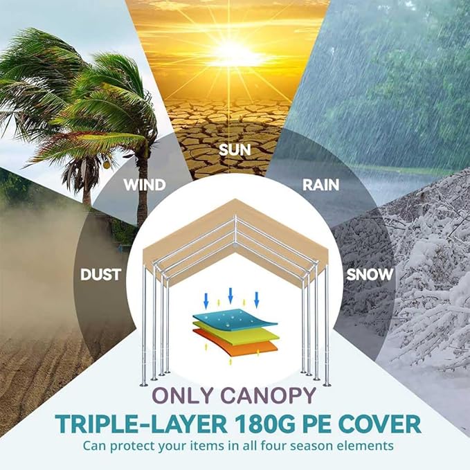 10'x20' Upgraded Carport Replacement Top Canopy Cover for Car Garage Shelter Tent Party Tent with Ball Bungees Beige (Only Top Cover, Frame is not Included)
