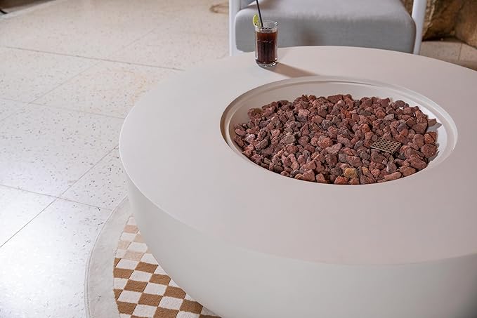 AMS Creations | Eclipse 44" Round Cast Concrete Natural Gas Fire Pit Bowl Table | Cream White | Smooth Texture Surface | Electronic Ignition | Outdoor Patio Heater Outside Backyard Fireplace