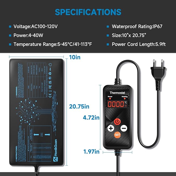 2 Packs Hon&Guan 10"x 20.75" Seedling Heat Mat with Digital Thermostat Combo Set,Waterproof Plant Heating Pad for Germination,Indoor Gardening,Greenhouse