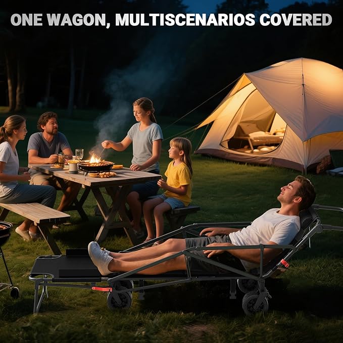 LEVELEVE Heavy Duty Folding Wagon - 2-in-1 Collapsible Cart, 650lb Capacity, All-Terrain Wheels w/Brakes & Side Pockets (Black)