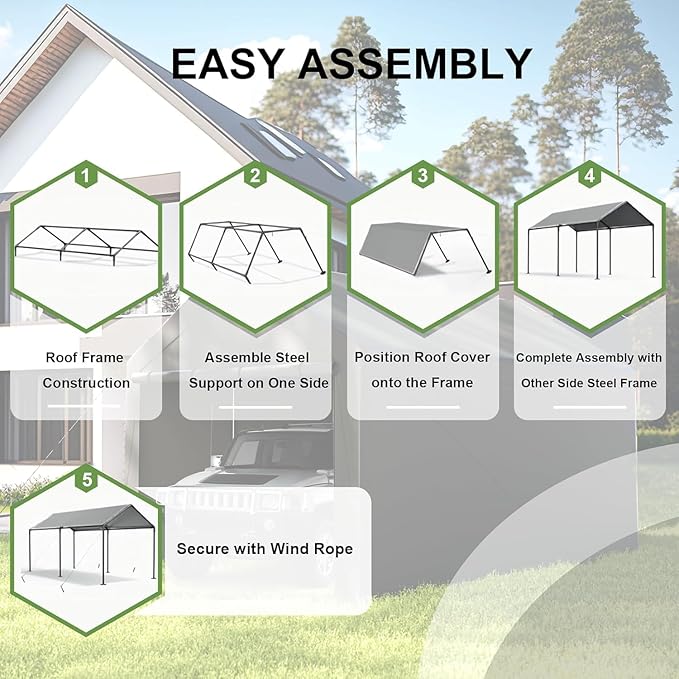 Carport, 10x20ft Heavy Duty Portable Garage, Car Port with Storage Shed, Car Canopy Car Tent with Steel Frame All-Season Tarp for Car, Truck, Boat, Party, Grey
