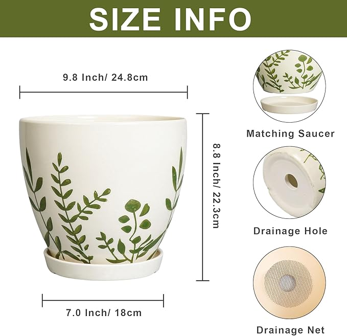 10 Inch Plant Pot - Ceramic Planter for Indoor Outdoor Flowers, Decorative Round Indoor Flower Pot with Drainage Hole and Saucer, Plant Lover Gifts, Garden Patio Home Office Decor, White