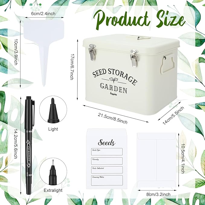 Maitys Seed Storage Container Box with Lid Garden Seed Packet Storage Organizer Decorative with Dividers and 100 Plant Labels 50 Seeding Envelopes 2 Marker Pens(Stylish,8.5 x 5.5 x 6.7)