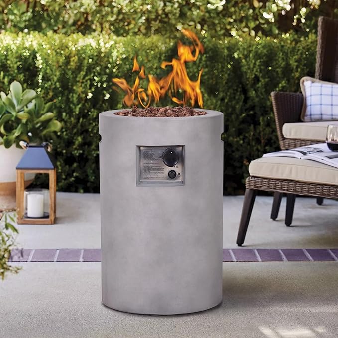 16 Inches Outdoor Round Propane Fire Pit 30,000 Btu with Lava Rocks and Weather Cover TerraFab Faux Concrete, 16” x 16” x 25”, Grey