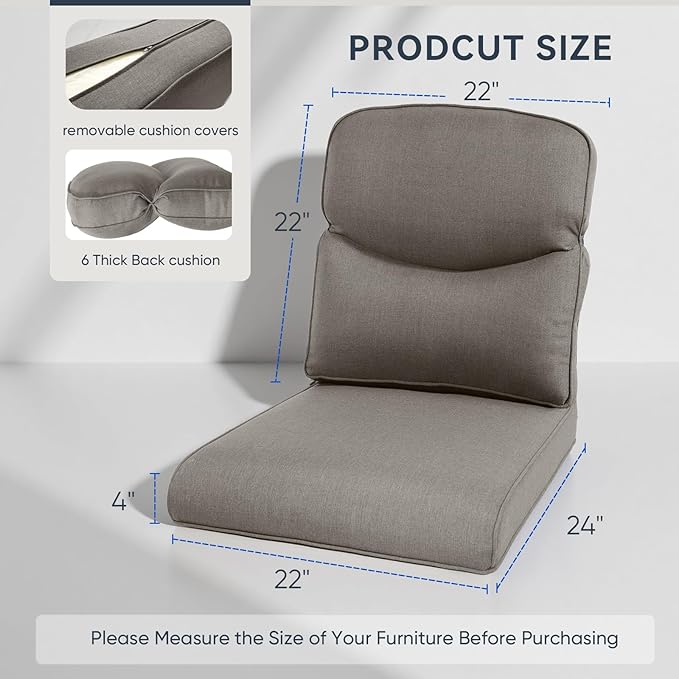 Outdoor Chair Cushions for Patio Furniture - 1 Pack Outside High Back Comfortable Thickened Pillow 22x24 with Zipper Cover for Wicker Rocking Swivel Chairs Loveseat Sofa – Grey/Crescent