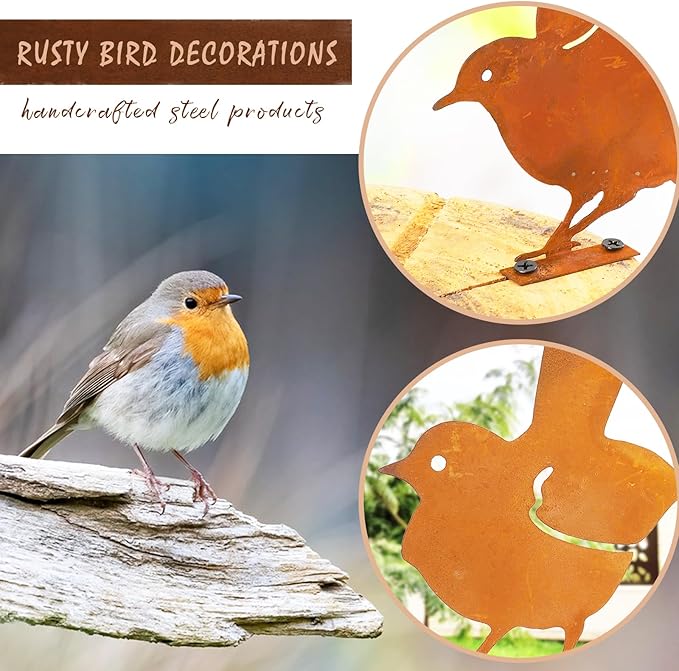 Nbippiooiwip Five-Piece Rustic Outdoor Bird Garden Sculpture Set, Metal Wall Art Bird Ornaments Ideal for Garden Stakes, Fields, Parks, Hotels, and Bird Enthusiasts Rustic Style