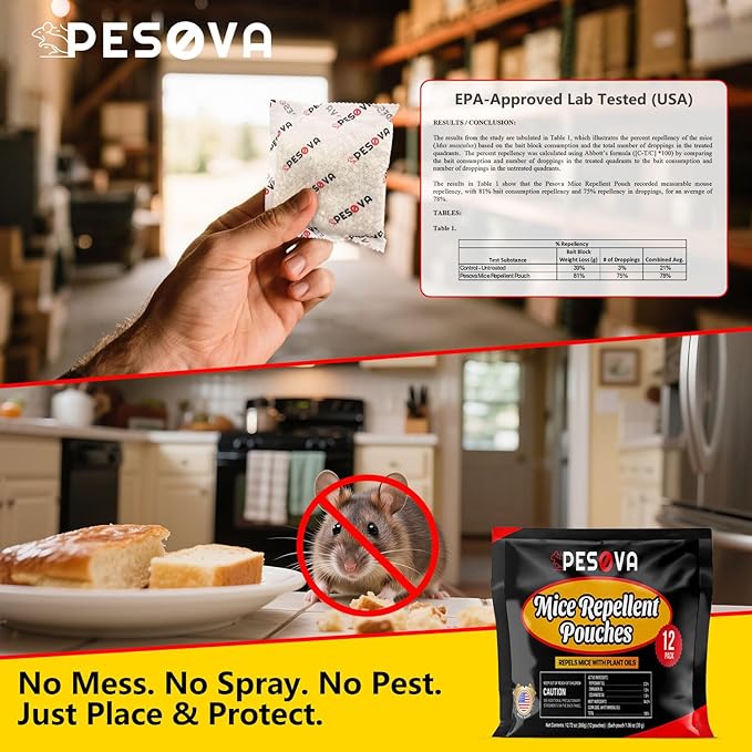 Mouse Repellent Pouches, Extra-Strength Peppermint Oil Rodent Repellent Pouches, Indoor Mice Repellent, Natural Rat & Mouse Repellent, Use Safe for Car/RV/Boat/Garage/Shed/Cabin (Pack of 6)