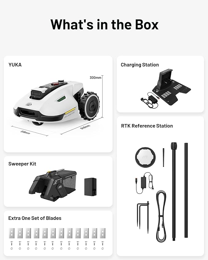 YUKA 2000 Robot Lawn Mower with Sweeper Kit, Ultrasense AI Vision & RTK Antenna, Auto Mapping & App Control,45% Slope Capability,Dual Cutting Discs, Up to 20 Mowing Zones