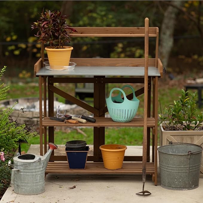 Folding Garden Potting Bench Table,Outdoor Wooden Work Station W/Metal Table Top,2 Tier Open Storage Rack,Top Shelf-Natural Stained