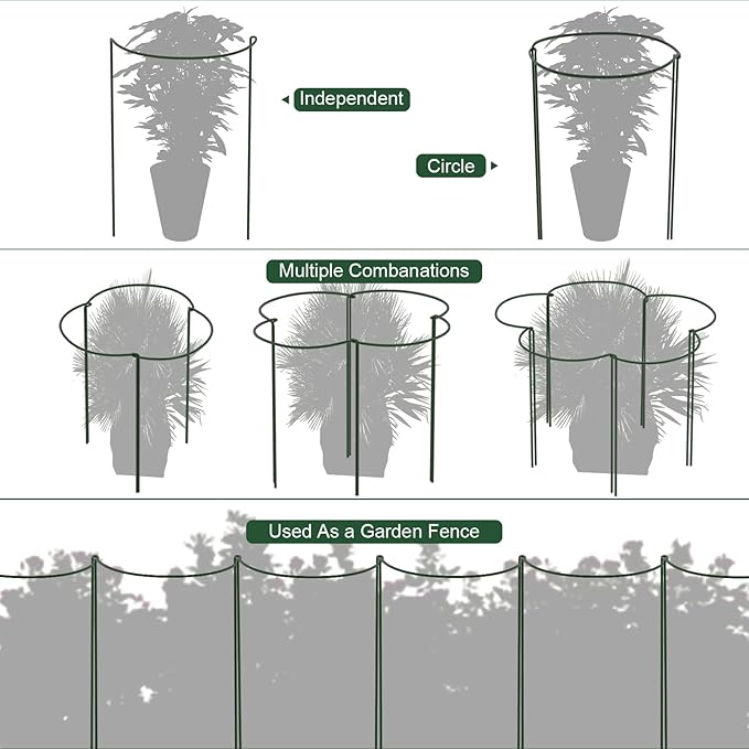 FEED GARDEN 8 Pack Plant Support Stakes, Peony Cages and Supports, Metal Garden Plant Stake(10" Wide x 24" High) Green Half Round Plant Support Rings for Outdoor Indoor Plants, Tomato, Hydrangea
