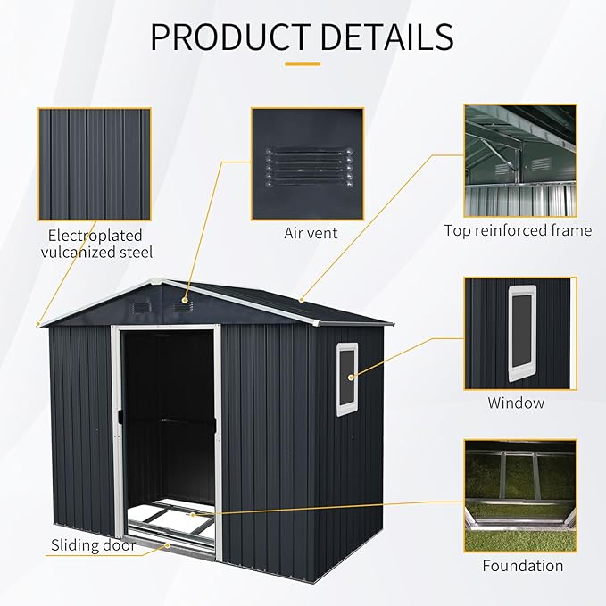 Outdoor Storage Shed, 8x4ft Metal Storage Shed with Window and Metal Foundation, Lockable Sliding Door, All Weather Tilted Roof Tool Shed with Vents, for Backyard, Patio, Lawn