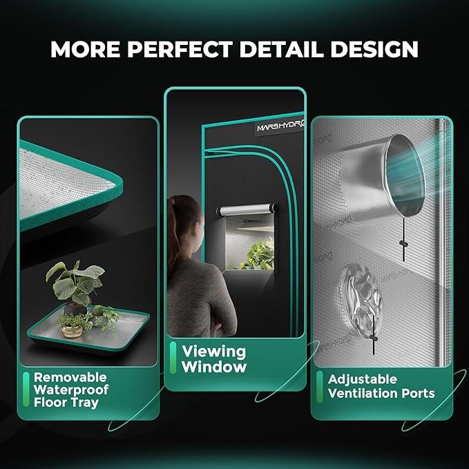 MARS HYDRO 5x5 Advanced Grow Tent, 60"x60"x80" High Reflective Mylar 1680D for Hydroponics Indoor Plant Growing, with Observation Window,Floor Tray and Smooth Zipper for TS3000/FC6500/FC-E6500/FC8000