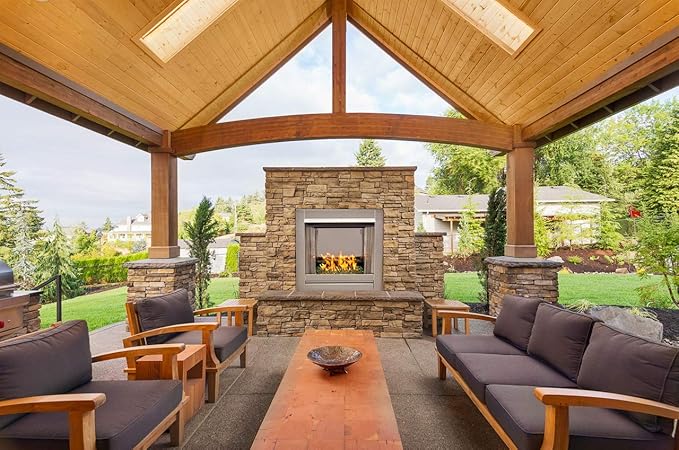 Duluth Forge Ventless Stainless Outdoor Gas Fireplace Insert with Reflective Emerald Glass Media - 24,000 BTU, Manual Control - Model# DF450SS-G-REM