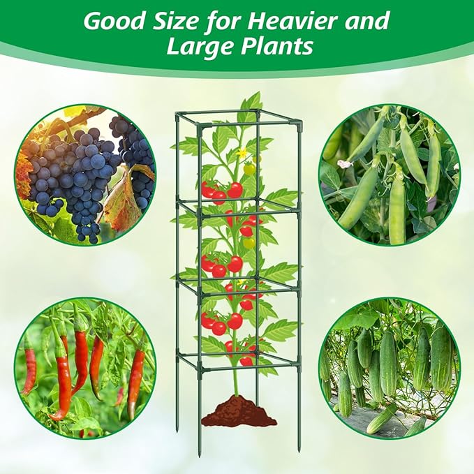 6Pack Tomato Cage, 57*15.4*15.4 Inches Garden Tomato Cages Plant Support Square Pole, Heavy Duty Steel Plant Tower Stakes,Cherry Tomato Trellis Cucumber for Climbing Vegetables Flowers Fruits-Green