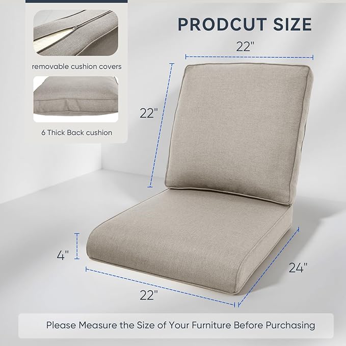 Patio Chair Cushions 5 Packs - Outside 22x24 High Back Water-Resistant Cushion with Zipper Cover for Outdoor Glider Rocking Chairs Loveseat 3-seat Couch Sofa – Beige/Regular