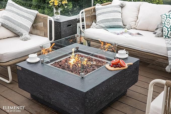 Elementi Manhattan Gas Fire Pit Cast Concrete Fire Table, Outdoor Fire Pit Electronic Ignition | Canvas Cover, Lava Rock Included | Free AMS Wind Guard | Dark Gray (Propane Gas)