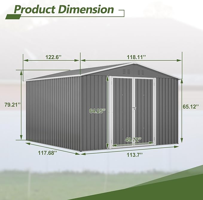 10x10 FT Outdoor Storage Shed with Floor,Metal Shed W/Air Vent & Sloped Roof,All Weather Waterproof Garden Tool House W/Lockable Hinged Door,for Backyard,Patio,Lawn,Gray