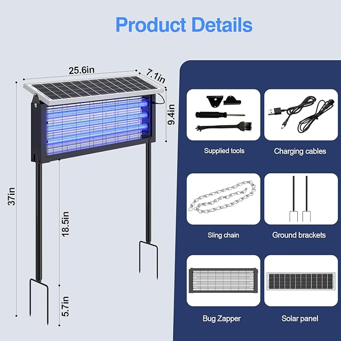 Solar Bug Zapper Outdoor, 30W Large Mosquito Zapper, Electric Mosquito Killer Outdoor, Waterproof & Portable Fly Killer, Rechargeable Flying Insect Trap for Patio, Yard, Garden, Home, Camping, Black