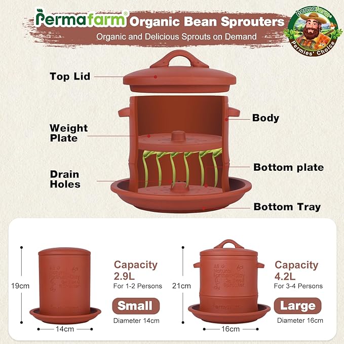 Permafarmยฎ Organic Bean Sprouter, Natural Earthen-Clay Mung Bean Sprouter, Sprouts Growing Kit for Soybeans, Broccoli, Alfalfa & More | Lead-Free, Cadmium-Free (Large Size for Family)