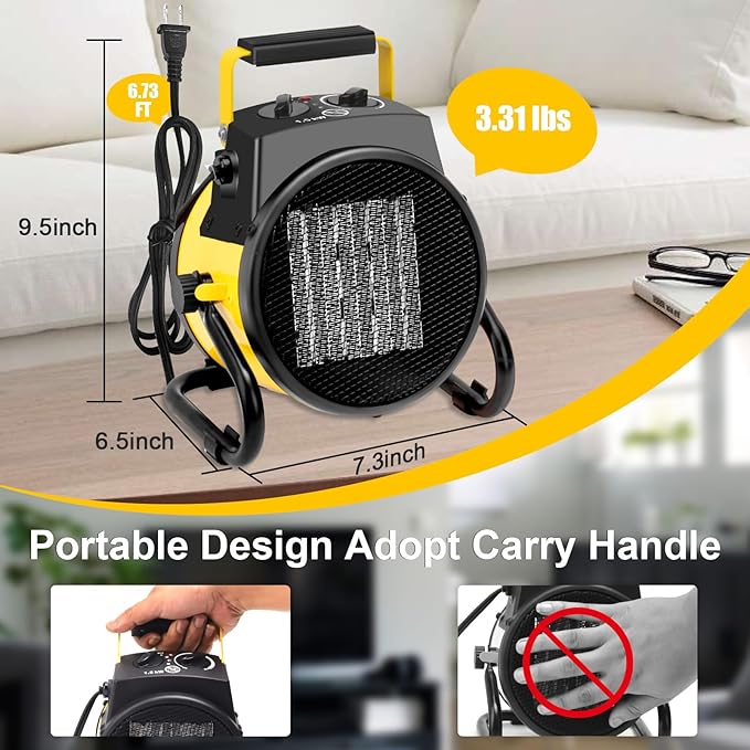 1500W Portable Garage Heater, Electric Outdoor Heater with Fast Heating & Overheat Protection, Patio and Greenhouse Space Heater for Indoor or Outdoor Use(Yellow)