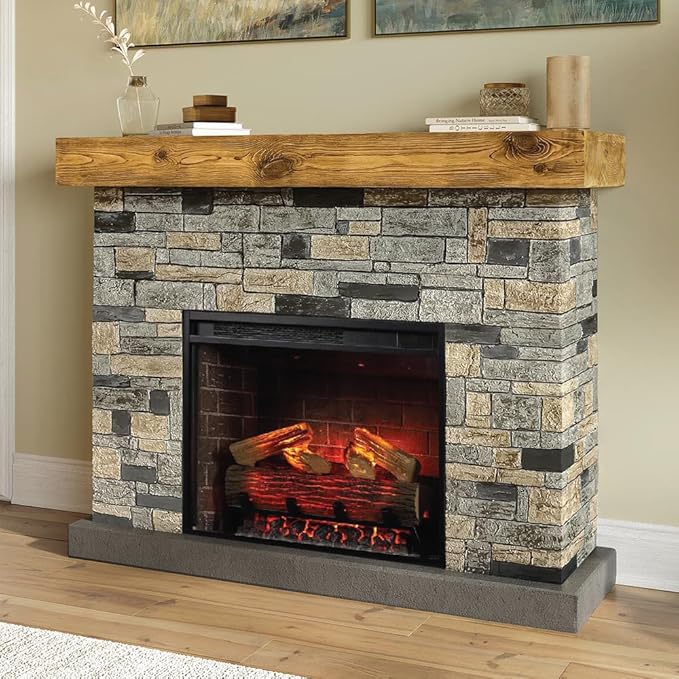 Country Living - Dixson Fireplace Mantel Package, 28β Fireplace Insert, Stone Brick Mantel Surround, Alexa/WiFi Enabled, 1500W