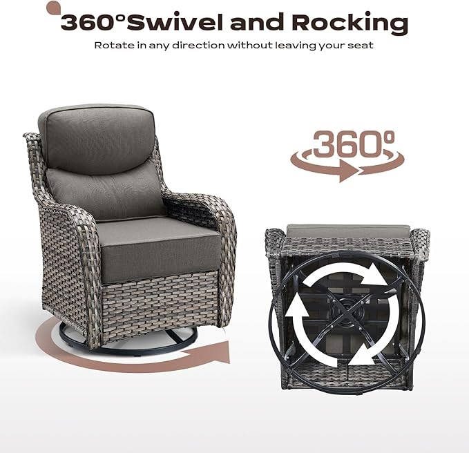 Wicker Outdoor Patio Furniture Set - 7 Piece Patio Conversation Sets with Swivel Rocker Chairs, Ottomans and Sofa, 6 inch Cushions, Waterproof Wicker, for Porch Deck Mixed Grey/Grey