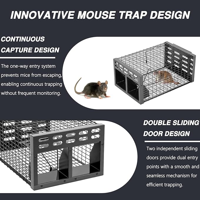 Rat Trap, Humane Live Rat Trap & Automatic Reset Mouse Traps with Dual One-Way Door Design –Catch and Release for Mice, Chipmunks, Hamsters, and Other Rodents, Indoors & Outdoors(2PCS Black)