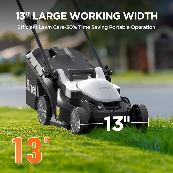 Litheli Electric Lawn Mower Cordless,Grass Cutter Machine for 1600 Sq.Ft.Lawnmower with Brushless Motor,13 In Cutting Width,8 Gallon Capacity,Cutting Height from 1 to 2.5 In, Includes 1 4.0 Ah Battery
