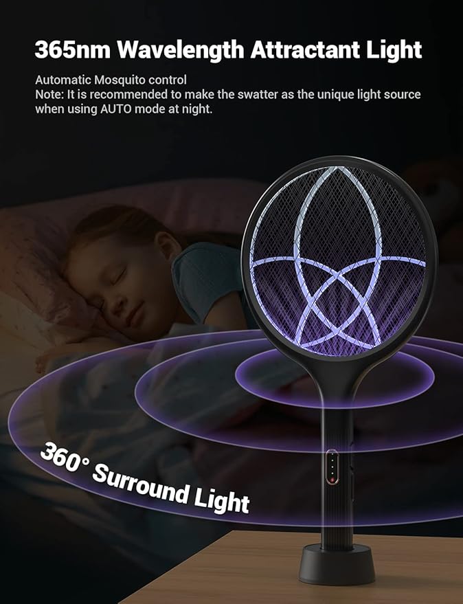 YISSVIC Electric Fly Swatter 4000V Bug Zapper Racket Dual Modes Mosquito Killer with Purple Mosquito Light Rechargeable for Indoor Home Office Backyard Patio Camping (Black-2 Pack)