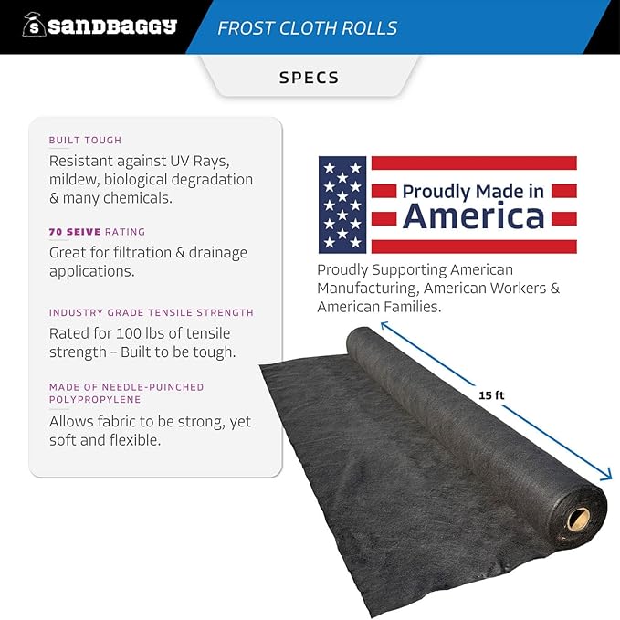 Sandbaggy Frost Cloth Rolls (15 ft x 100 ft) | Winter Cover for Shrubs, Trees, Gardens | Plant Blanket, Freeze Protection | Black, 4 oz Polypropylene (1 roll)