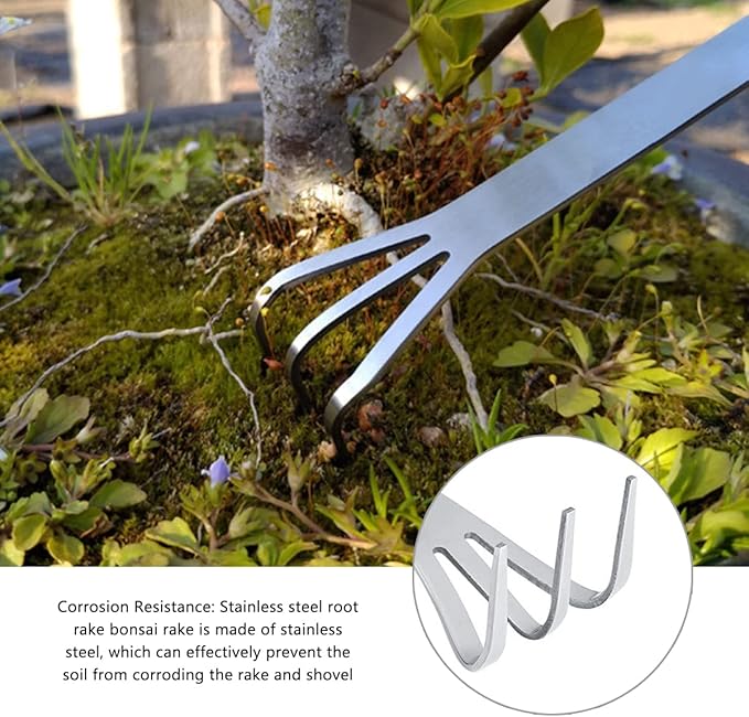 Stainless Steel Root Rake,Stainless Steel 3 Prong Root Rake Pick Loosen Soil Bonsai Tree Tool Set for Gardening Plants