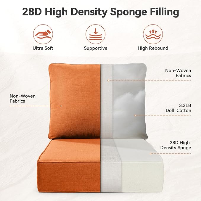 Luxury 6" Outdoor Cushions for Patio Furniture, 24x24x6 Thick Seat Cushion Set of 10, Fade Resistant Couch Chair Replacement Cushions High Density Wicker Chair Cushion w/Removable Cover, Orange