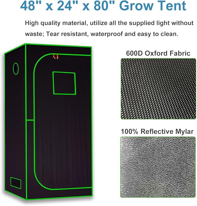 Grow Tent Kit Complete System High Reflective Mylar Indoor Grow Tent Hydroponics Growing Tent with Full Spectrum LED Grow Light Observation Window, Ventilation Fan,Carbon Filter (48"x24"x80")