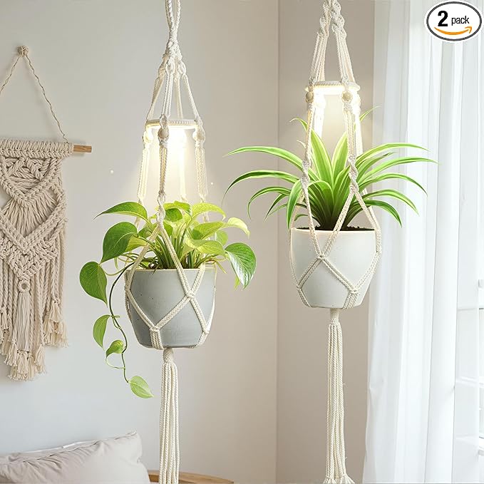 Macrame Plant Hanger with Grow Light: 2 Pack Sturdy Hanging Planters for Indoor Plants, Cute Plant Holder with Plant Light, Perfect for Different Size Pots (Daylight Spectrum)