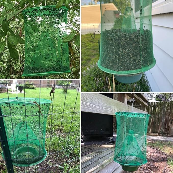 Ranch Fly Trap Outdoor Hanging Reusable with Fishing Apparatus | Food Bait Tray Catcher Cage for Indoor or Outdoor Family Farms, Park (8 Pack)