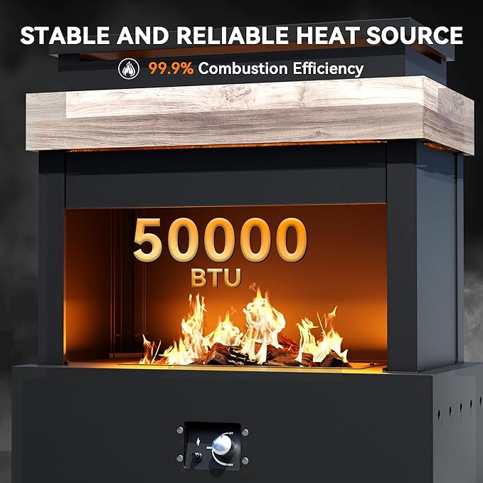35'' Outdoor Propane Fireplace with Tank Storage, 50,000 BTU Outdoor Gas Fire Pit with CSA Certified, Dust Cover, Smokeless Ceramic Wood, Adjustable Flame for Patio, Garden, Deck, Gray/Tan