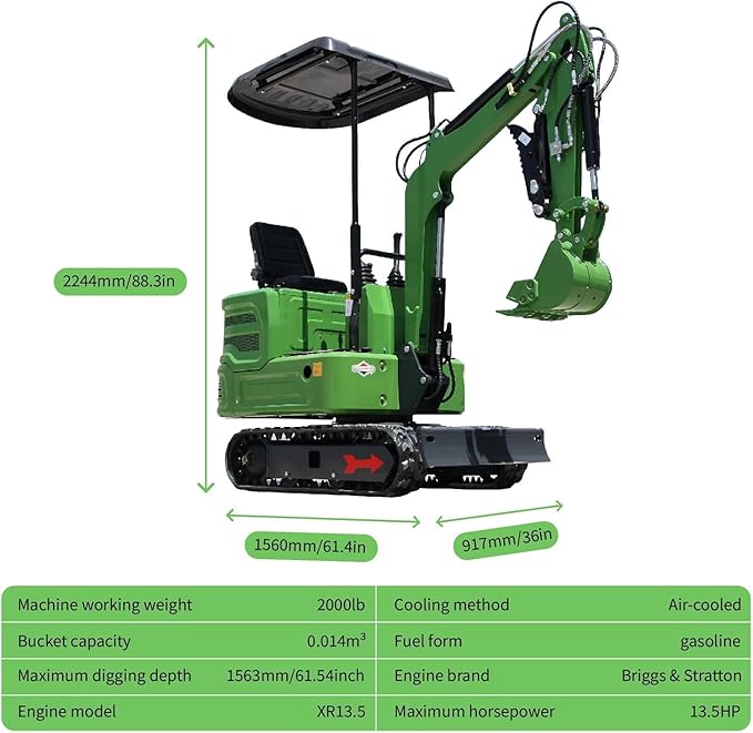 Mini Excavator for 1 Ton B&S Engine with Hydraulic Thumb Clamp,Standard Bucket, 200mm Bucket,Broken Hammer,Auger, Grapple,Quick Change Attachments (G Courtyard excavator)