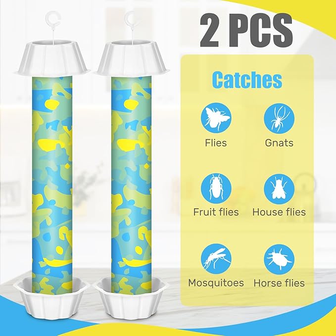 Qualirey 2 Pcs Sticky Fly Trap Fly Stick with Hanging Hook Adhesive Flying Catcher for Indoor Outdoor Trap Houseflies and Flying Insects Mosquito Bee Wasp Moth (Camouflage Style)