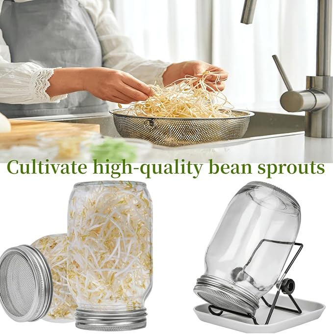Lulonpon Sprouting Kit, 2 Sprouting Jar Kits, Wide Mouth Quart Mason Jars with Stainless Steel Screen Sprout Lids,1000ml, Stand and Canning Brush,Seed Sprouter Set for Growing Broccoli, Alfalfa