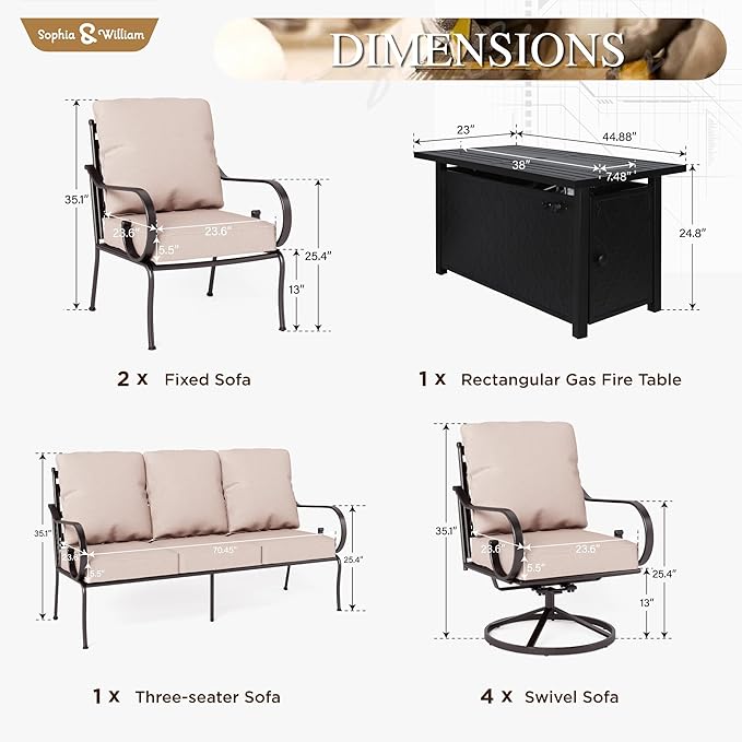 Sophia & William 6 Piece Patio Furniture Set Outdoor Couch Sofa, Sectional Conversation Sets 7 Seat Clearance with 3-seat Sofa x 1, Swivel Chair x 2, Cushioned Chair x 2, Metal Coffee Table x 1, Beige